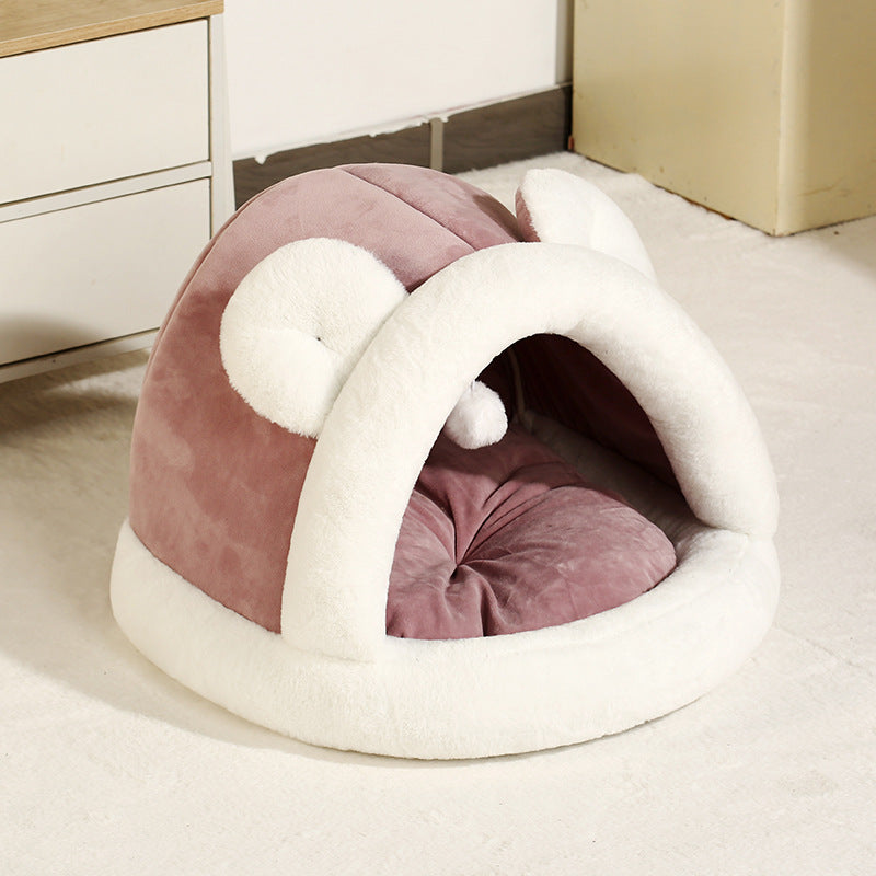 Sell My Stuff self-warming pet tent cave bed for cats, plush pink with white on Tampa Home & Garden Store