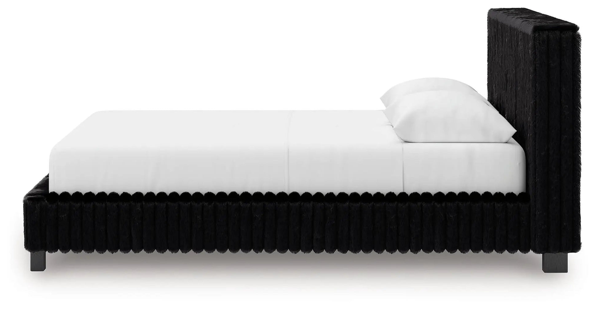 Zuraleus Upholstered Bed black shag fur with tall headboard, mattress and two pillows on Tampa Home & Garden Store