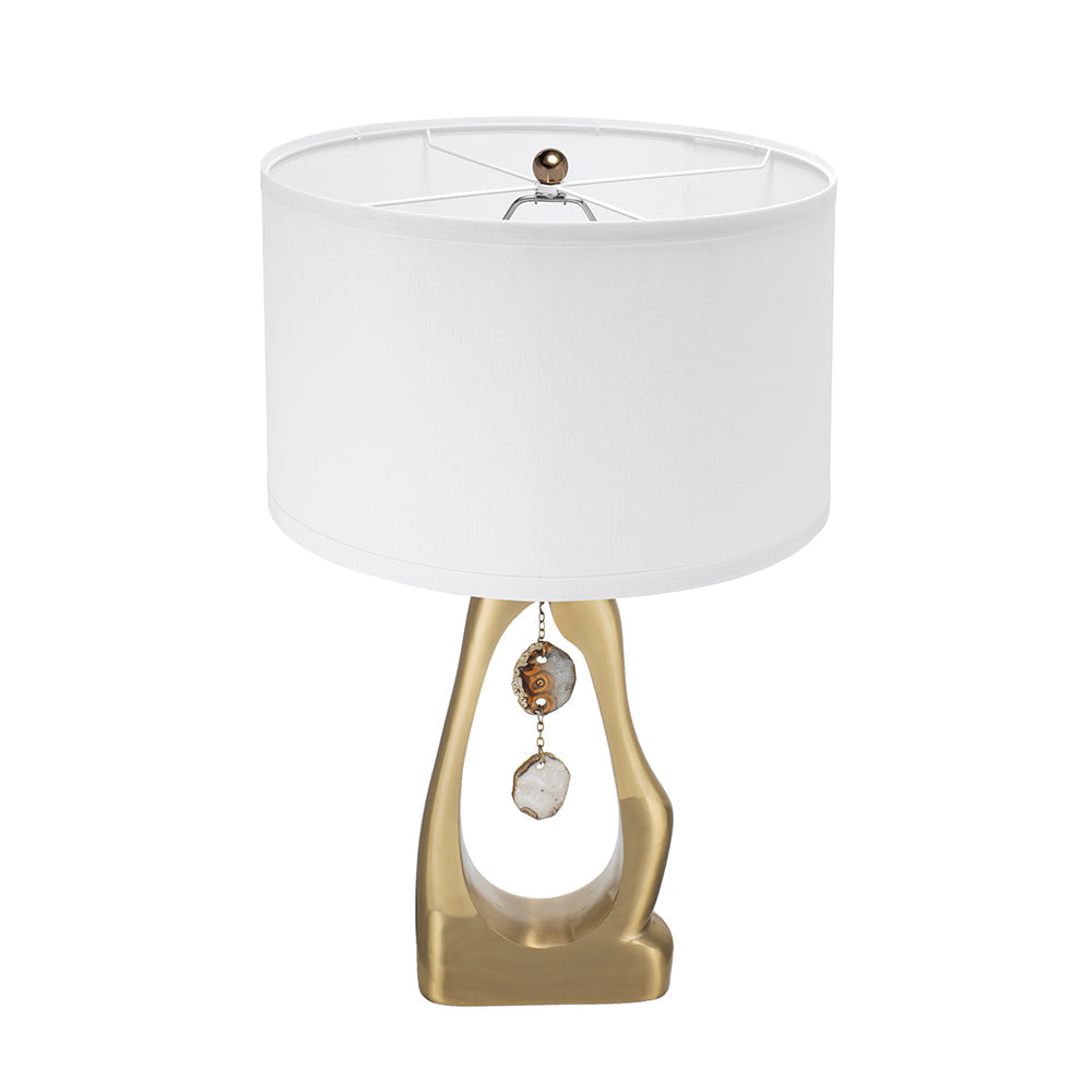 Geode-inspired gold aluminum table lamp with white drum shade and crystal charms on Tampa Home & Garden Store