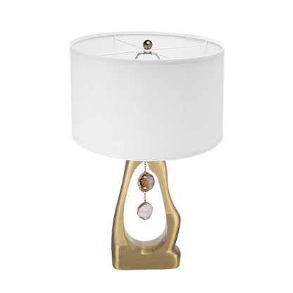 Geode-inspired gold aluminum table lamp with white drum shade and crystal charms on Tampa Home & Garden Store