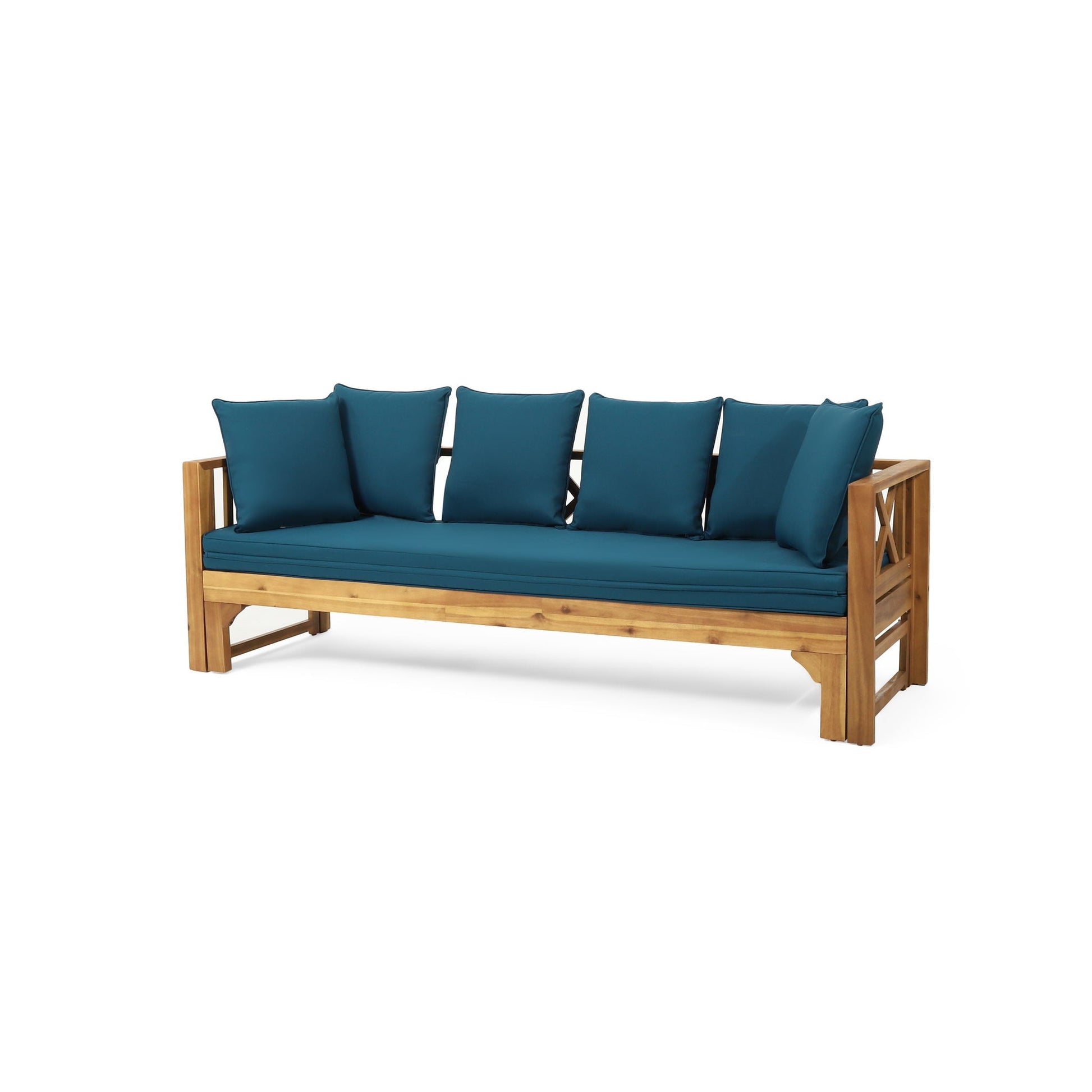 Outdoor daybed teak with teal cushions, X-shaped backrest and armrests by HouseOfZazla on Tampa Home & Garden Store