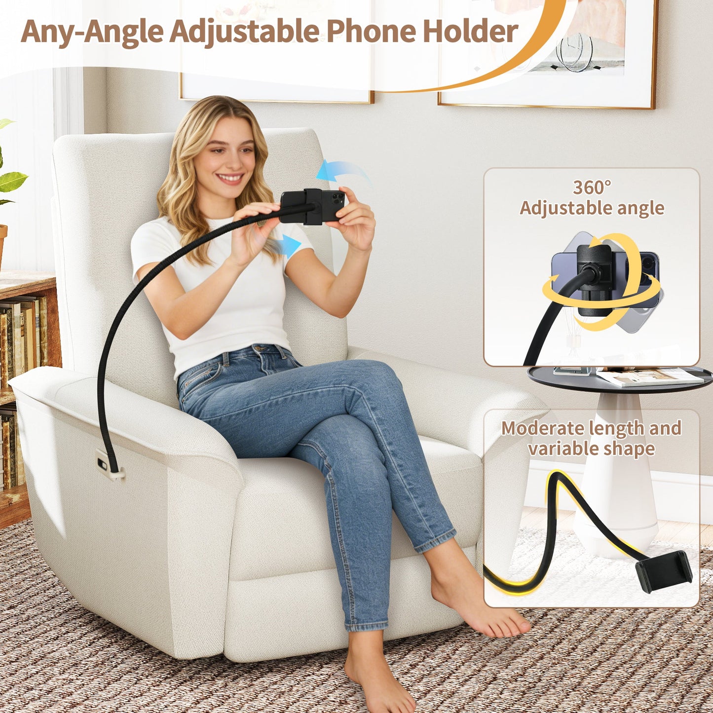 270° Power Swivel Rocker Recliner Chair with Phone Holder beige fabric; woman using smartphone on Tampa Home & Garden Store