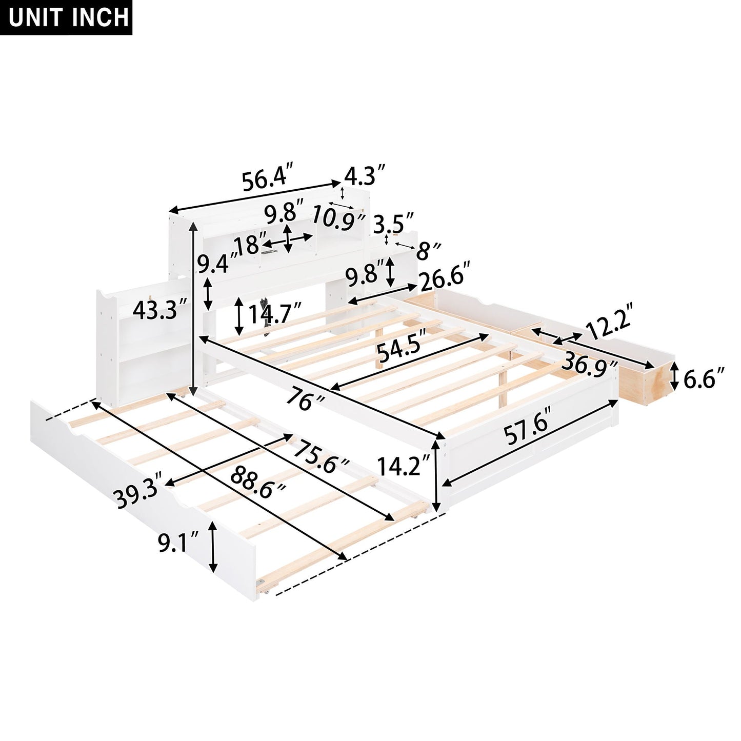 Storage platform bed with pull-out shelves, trundle, and 2 drawers in white by HouseOfZazla on Tampa Home & Garden Store