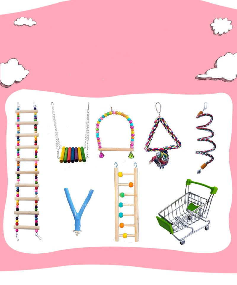Parrot bird toy set of 8: bead ladders, color swings, beaded arch, rope triangle, spiral coil on Tampa Home & Garden Store
