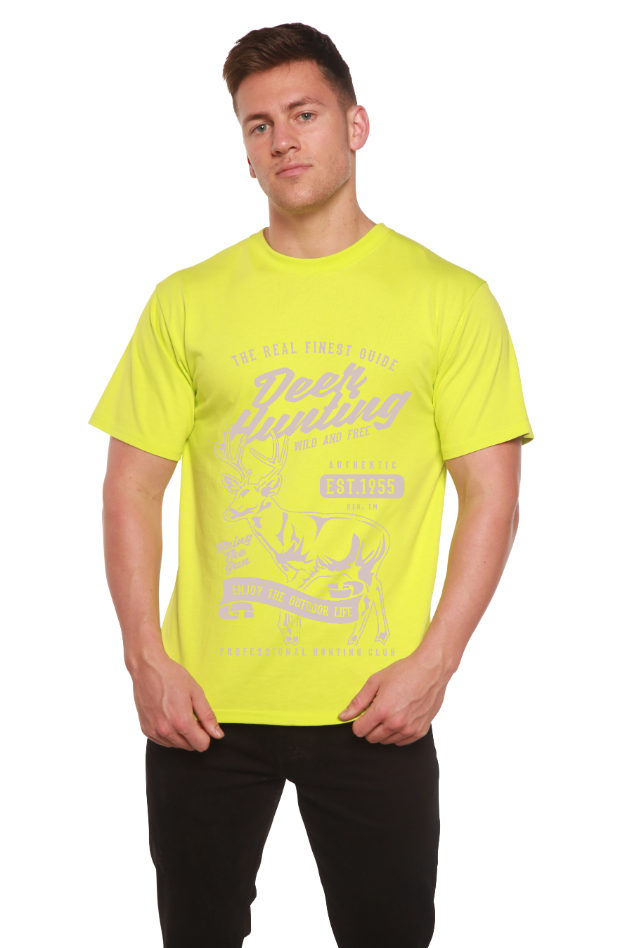 Deer Hunting men's bamboo viscose organic cotton short sleeve graphic tee neon yellow deer print on Tampa Home & Garden Store