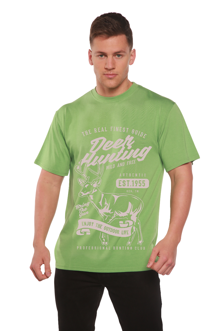 Mens deer hunting tee lime green by Spun Bamboo; bamboo viscose/organic cotton short sleeve on Tampa Home & Garden Store
