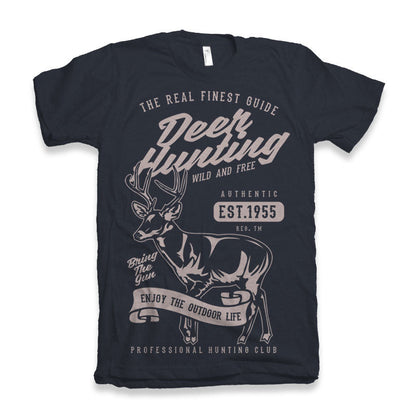 Deer Hunting men's bamboo viscose/organic cotton short sleeve graphic T-shirt navy with deer artwork Spun Bamboo on Tampa Home & Garden Store