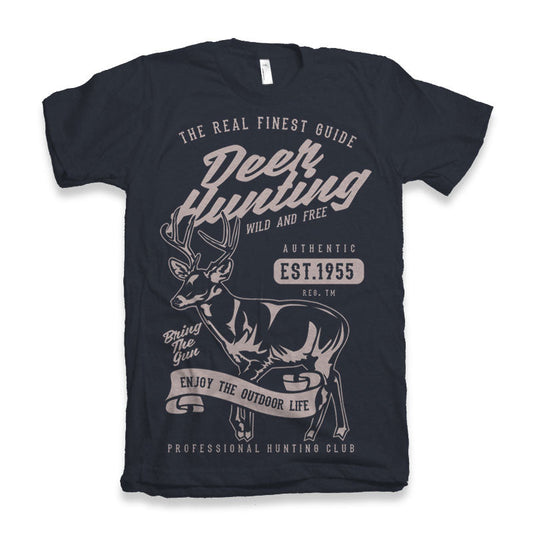Deer Hunting men's bamboo viscose/organic cotton short sleeve graphic T-shirt navy with deer artwork Spun Bamboo on Tampa Home & Garden Store