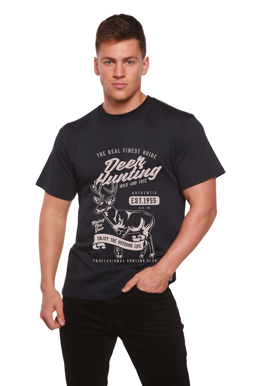 Men's Deer Hunting graphic T-shirt in navy bamboo viscose/organic cotton by Spun Bamboo on Tampa Home & Garden Store