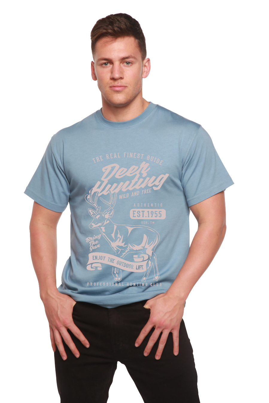 Men's deer hunting graphic T-shirt in light blue bamboo viscose organic cotton by Spun Bamboo on Tampa Home & Garden Store