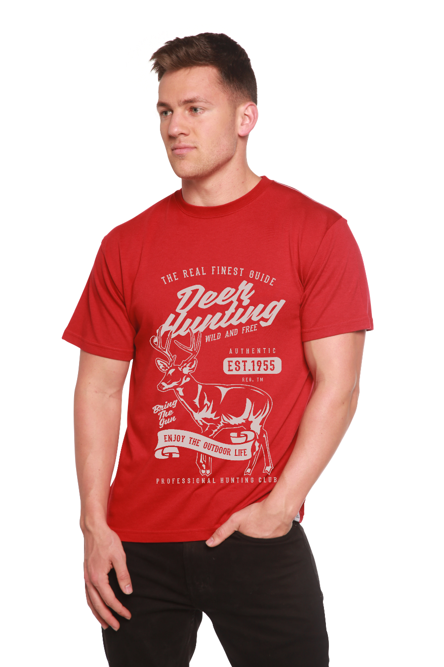 Deer Hunting men's red bamboo viscose organic cotton graphic T-shirt by Spun Bamboo on Tampa Home & Garden Store