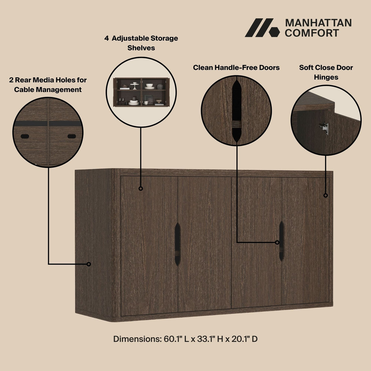 Rivington Sideboard dark wood with 4 adjustable shelves and 2 rear cable holes, soft-close hinges on Tampa Home & Garden Store