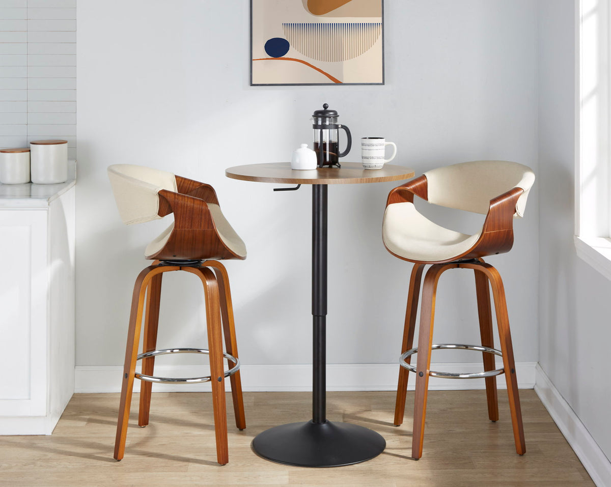 Contemporary adjustable bar table with round top and black hydraulic pedestal, two cream chairs on Tampa Home & Garden Store