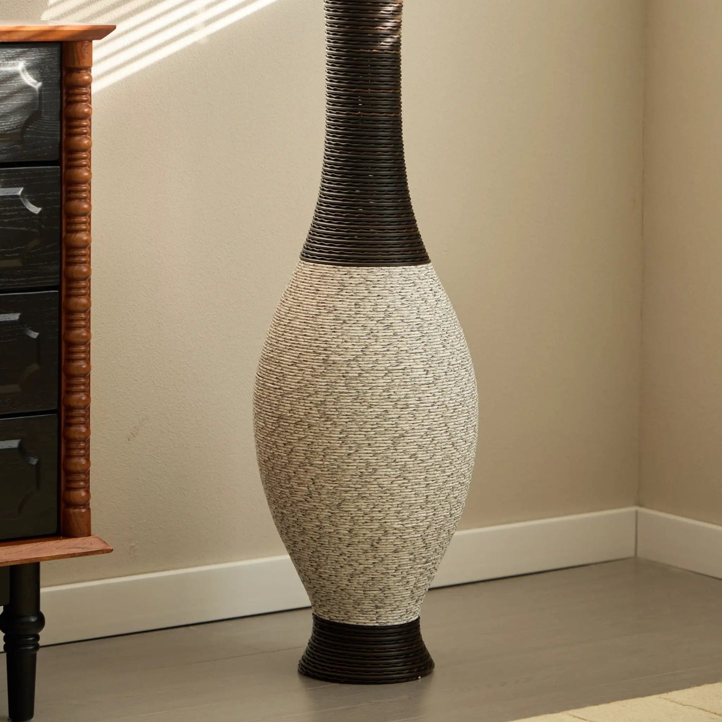 Tall Designer Floor Vase 2-tone woven brown and beige beside a wooden table on Tampa Home & Garden Store