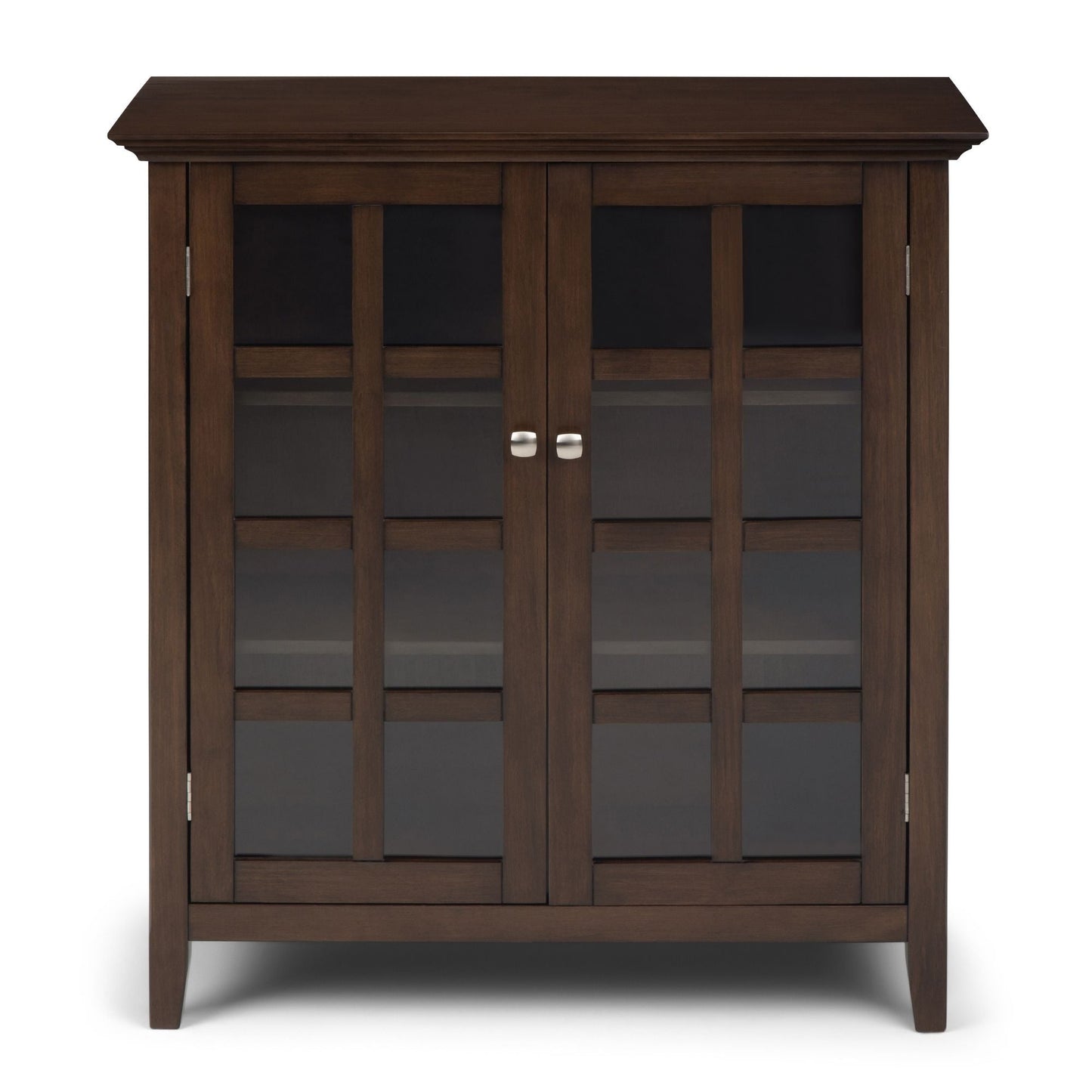 Acadian medium storage cabinet natural aged brown with glass-paneled doors and wooden grid on Tampa Home & Garden Store