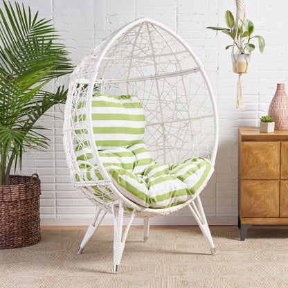 Cosmos teardrop chair by HouseOfZazla, white wicker with green striped cushion on Tampa Home & Garden Store