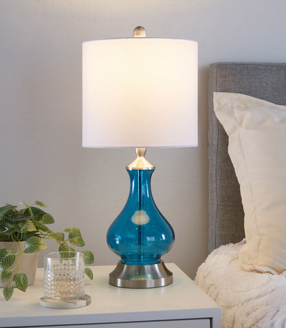 Table lamp Jasmine - contemporary blue sapphire seeded glass with nickel base and white shade on Tampa Home & Garden Store