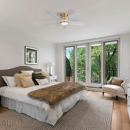 Flush mount ceiling fan with LED light, brass body and white blades, remote control on Tampa Home & Garden Store