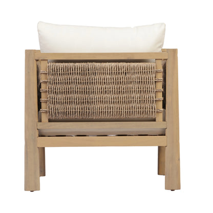 Set of 4 outdoor acacia wood patio chairs with white cushions and woven rattan seats on Tampa Home & Garden Store