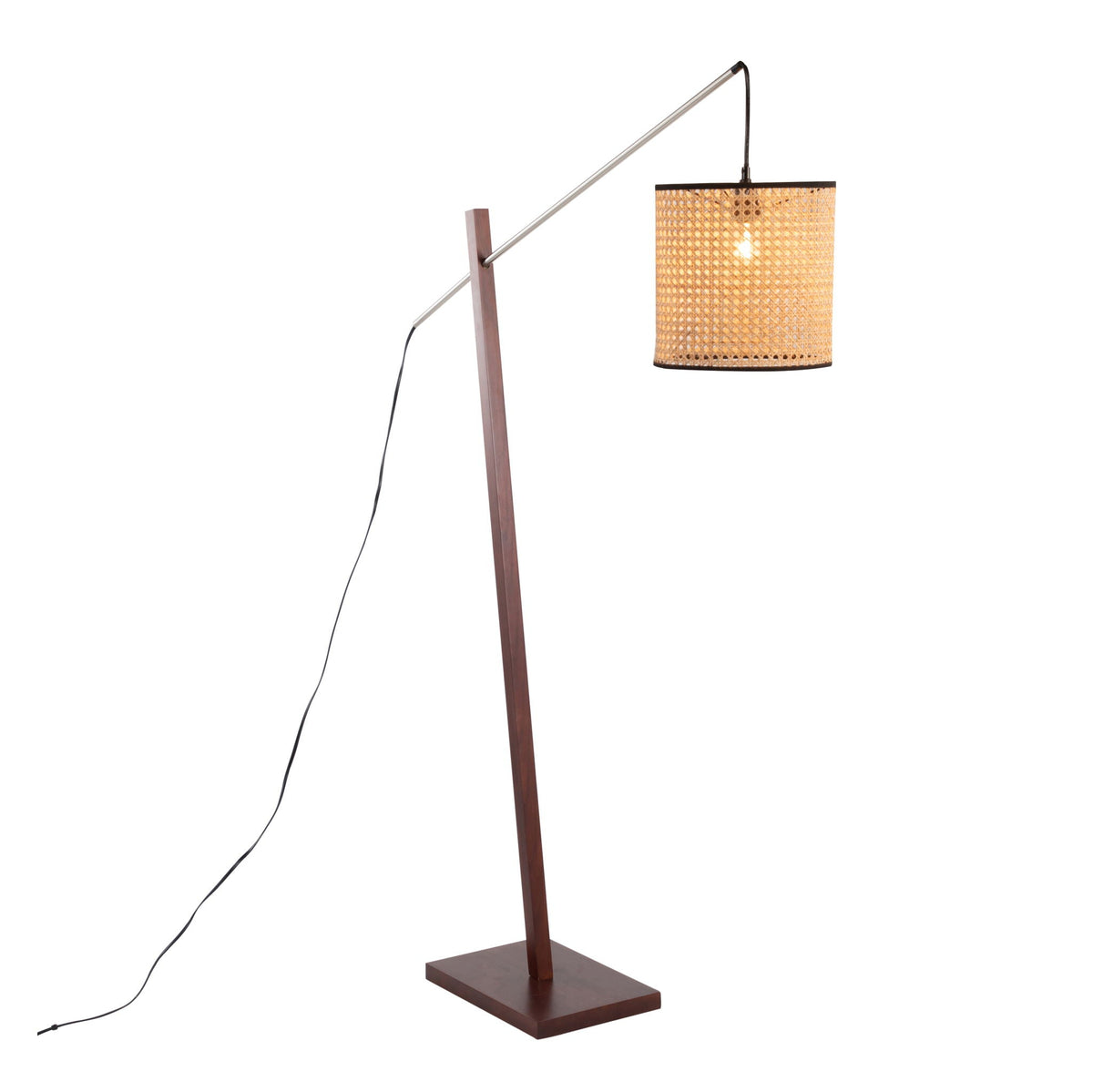 Arturo contemporary floor lamp with wooden base, angled metal arm, and woven cylinder shade on Tampa Home & Garden Store