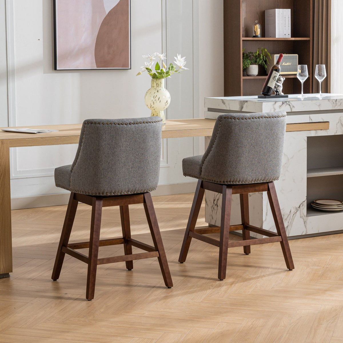 Counter height swivel barstools set of 2 in gray fabric with nailhead trim HouseOfZazla on Tampa Home & Garden Store