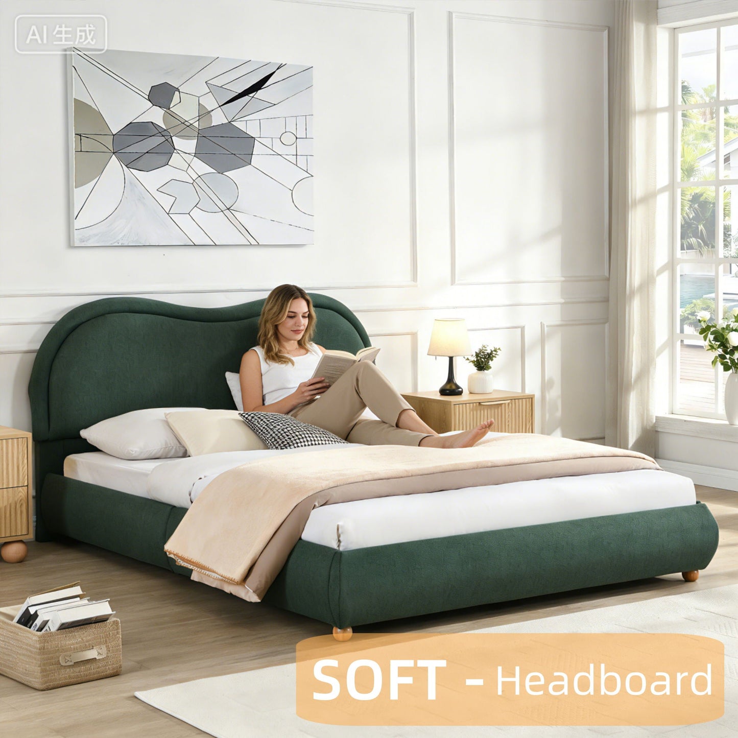 Upholstered Platform Bed with Curved Headboard