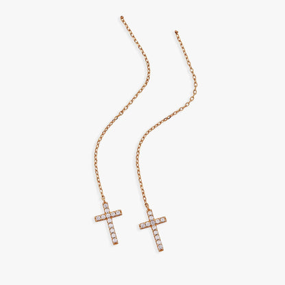 Cross Delicate Pave Crystal Threader Earrings by Alex and Ani, rose-gold tone pavé crosses, pair on Tampa Home & Garden Store