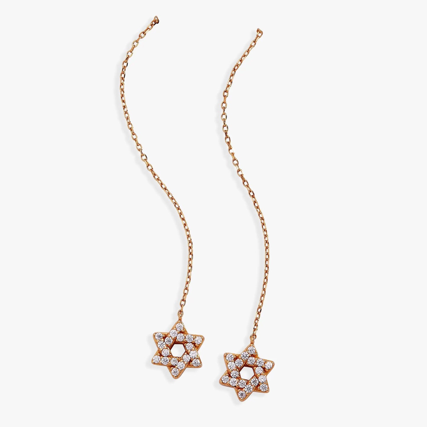 Star of David pave crystal threader earrings with twin star pendants on rose-gold chain on Tampa Home & Garden Store