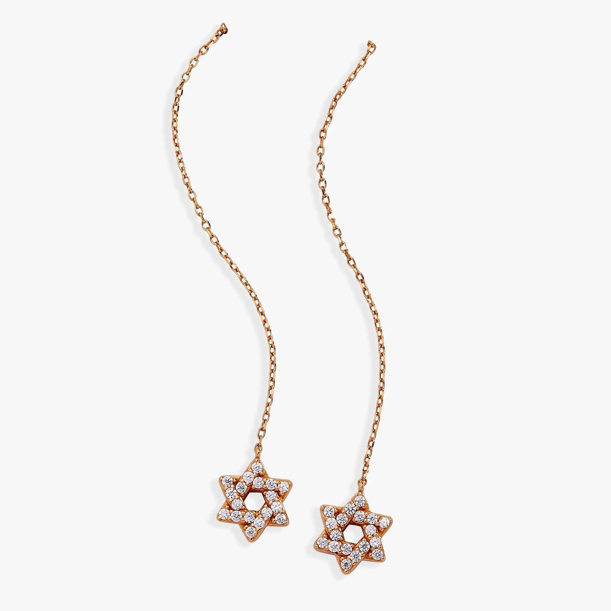 Star of David pave crystal threader earrings with twin star pendants on rose-gold chain on Tampa Home & Garden Store