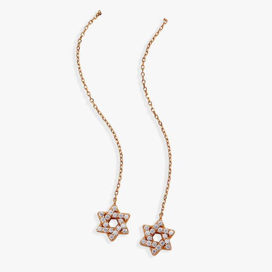 Star of David pave crystal threader earrings with twin star pendants on rose-gold chain on Tampa Home & Garden Store