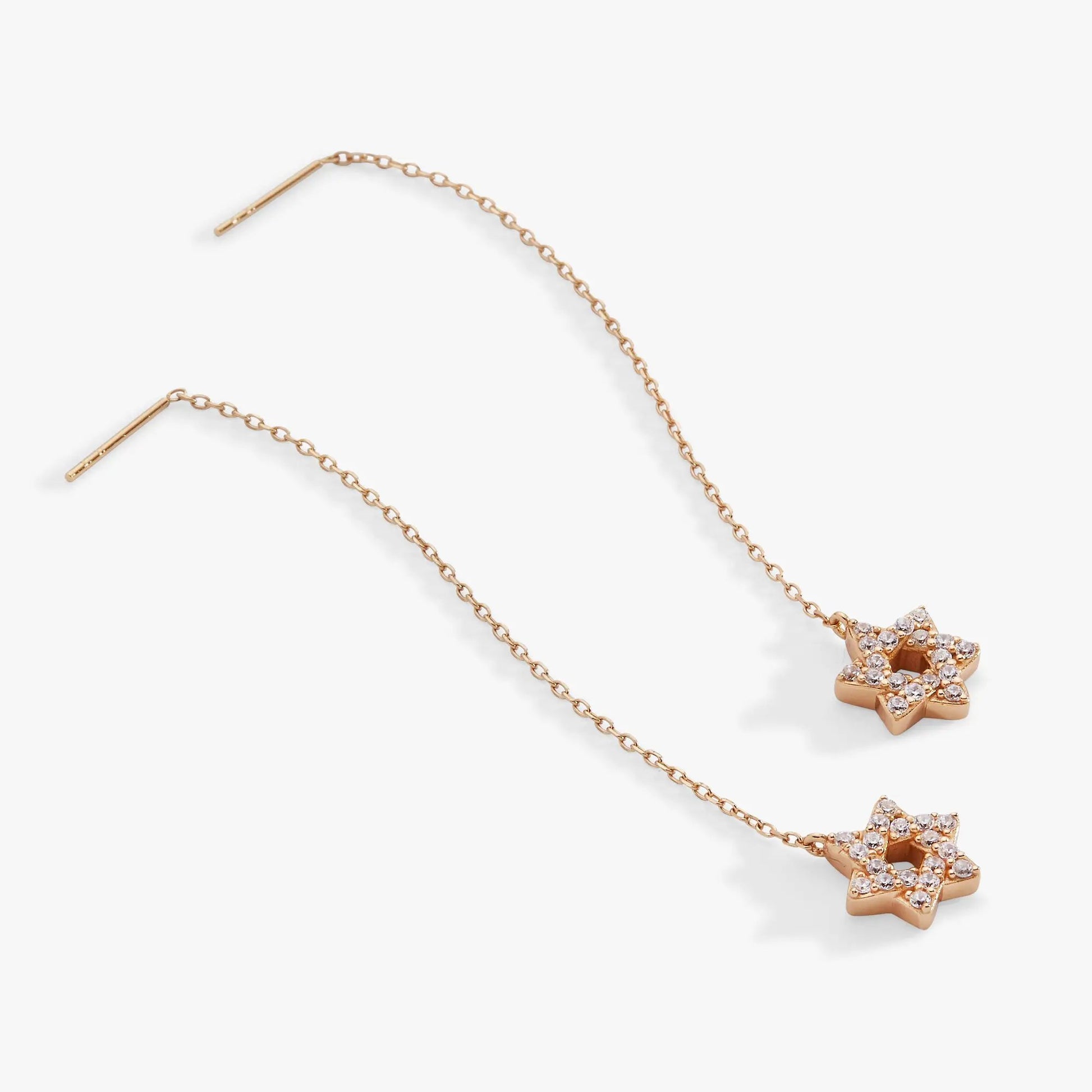 Star of David delicate pave crystal threader earrings in rose gold with chain details on Tampa Home & Garden Store