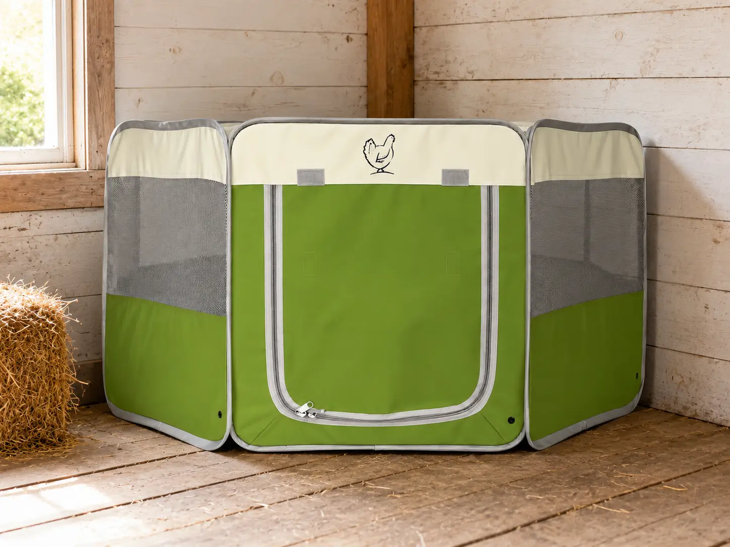 My Pet Chicken Hen Pen Pop Up Brooder, green three-panel coop with gray mesh sides on Tampa Home & Garden Store