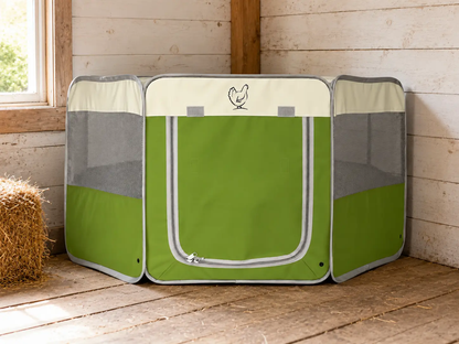 My Pet Chicken Hen Pen Pop Up Brooder, green three-panel coop with gray mesh sides on Tampa Home & Garden Store