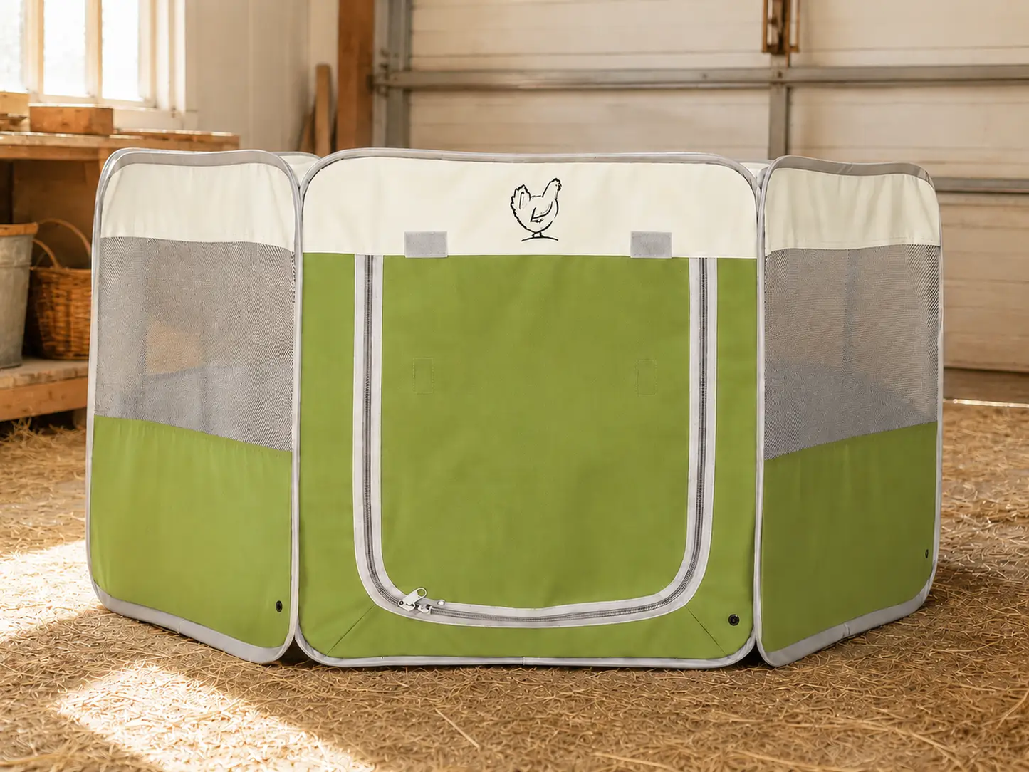 My Pet Chicken Hen Pen Pop Up Brooder green foldable chicken pen with white top and mesh side panels central zip door on Tampa Home & Garden Store