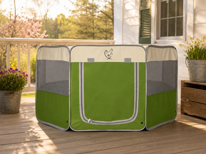 My Pet Chicken Hen Pen Pop Up Brooder three-panel green with gray mesh sides on a patio deck on Tampa Home & Garden Store