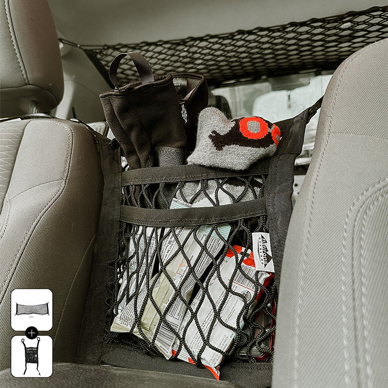 Deluxe Vehicle Organization Bundle black cargo net behind front seats from Flatirons Overland on Tampa Home & Garden Store