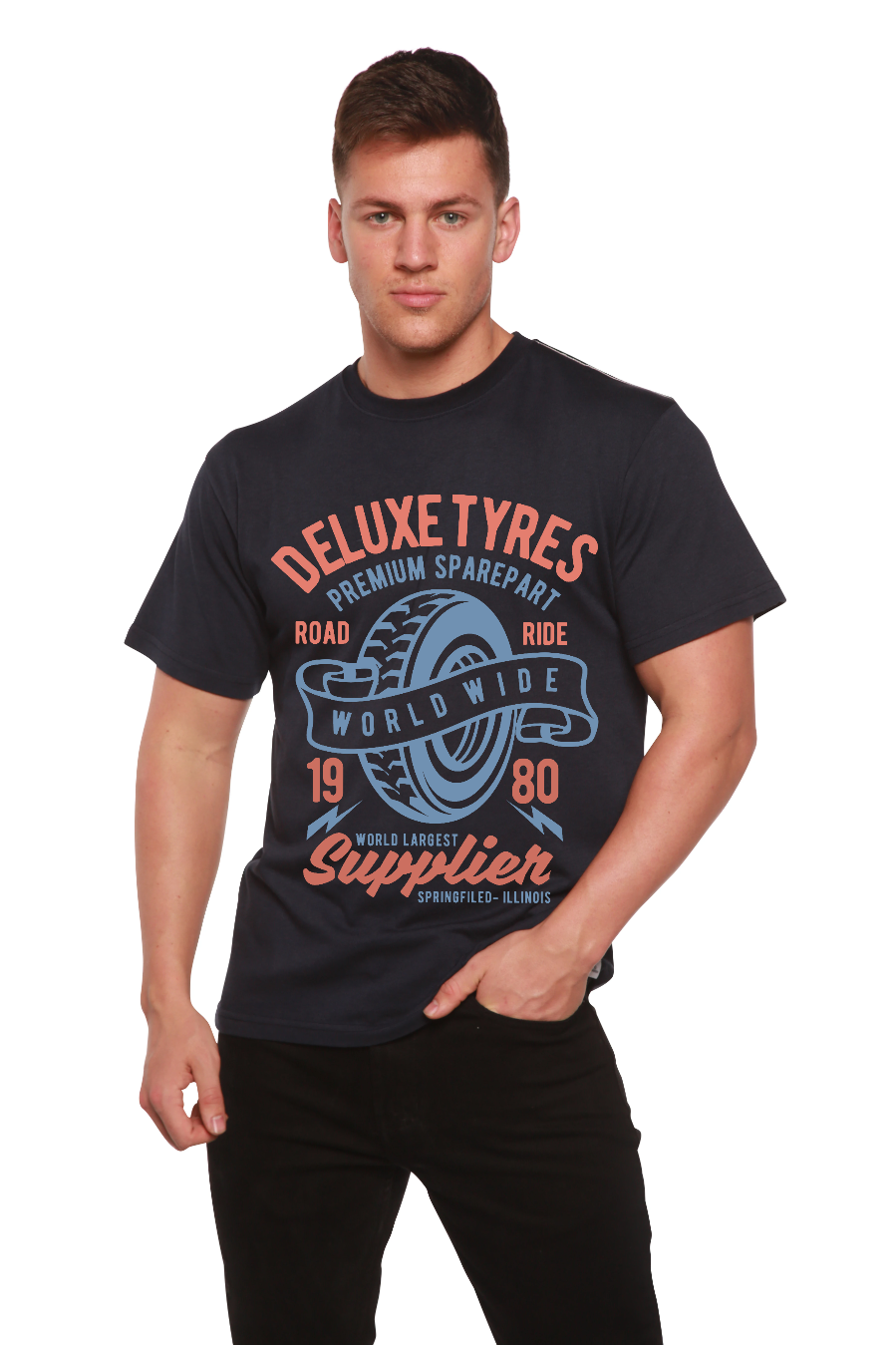 Deluxe Tyres men's bamboo tee navy with tire graphic by Spun Bamboo on Tampa Home & Garden Store
