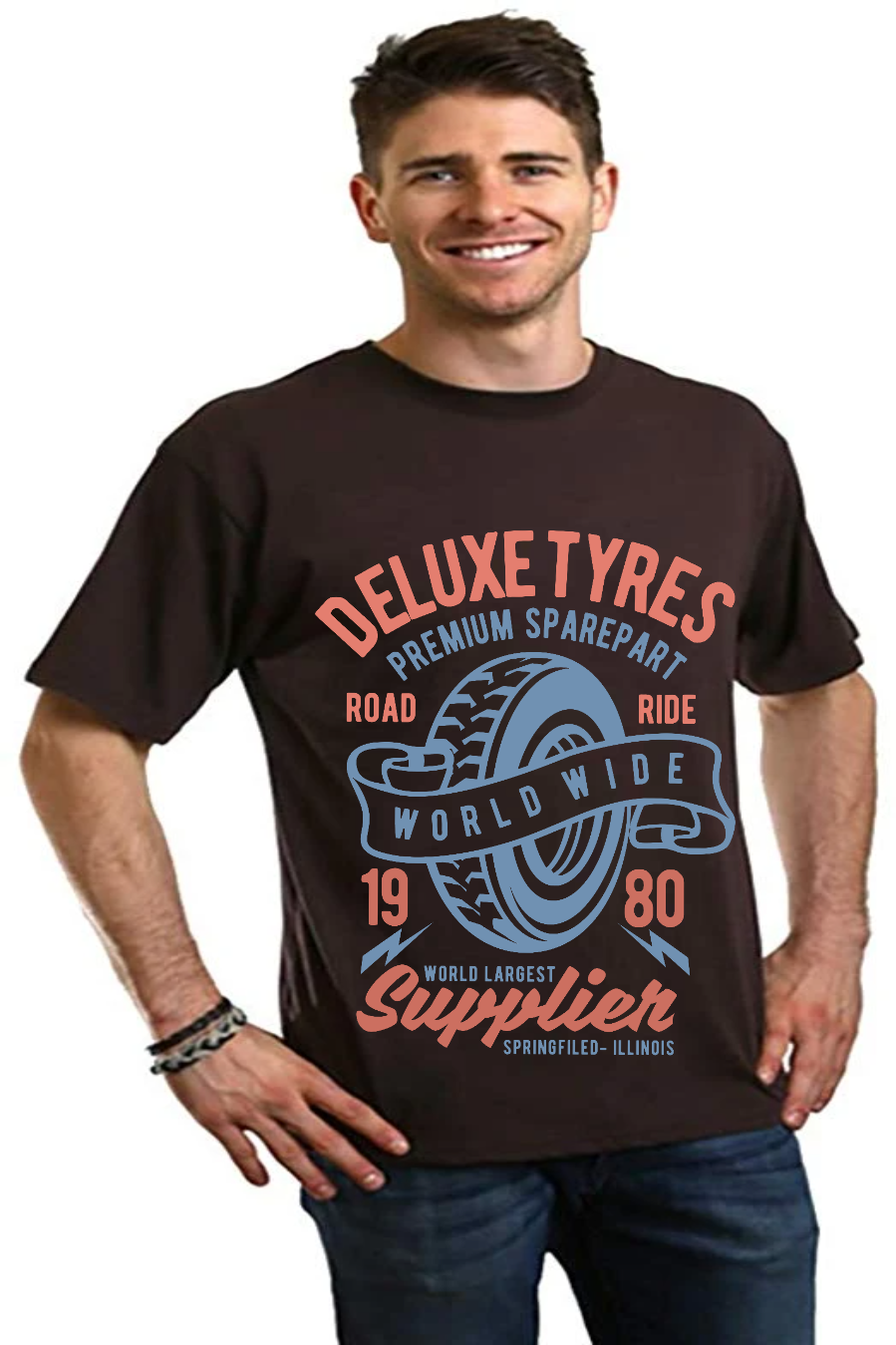 Deluxe Tyres Mens Bamboo Viscose/Organic Cotton Tee with peach-blue tire print by Spun Bamboo on Tampa Home & Garden Store