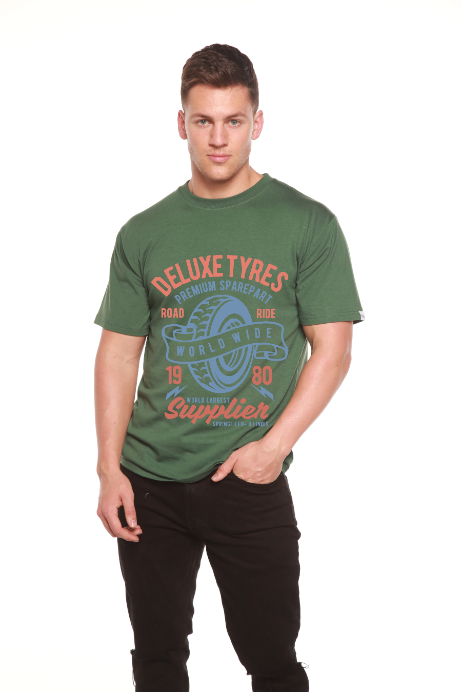 Deluxe Tyres men's graphic T-shirt in olive green with tyre graphic by Spun Bamboo on Tampa Home & Garden Store