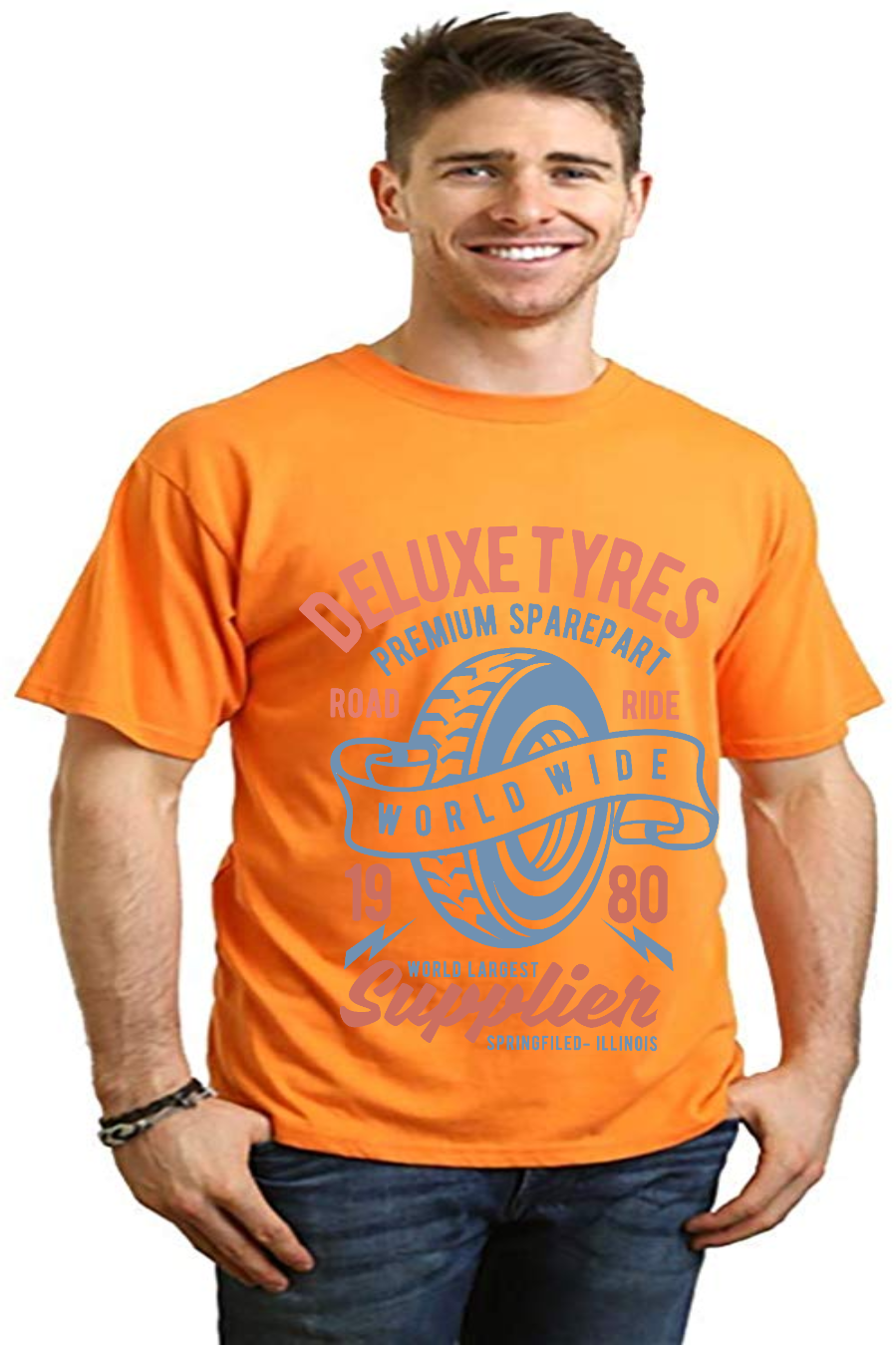Deluxe Tyres men's orange bamboo viscose organic cotton graphic tee with blue tire print Spun Bamboo on Tampa Home & Garden Store