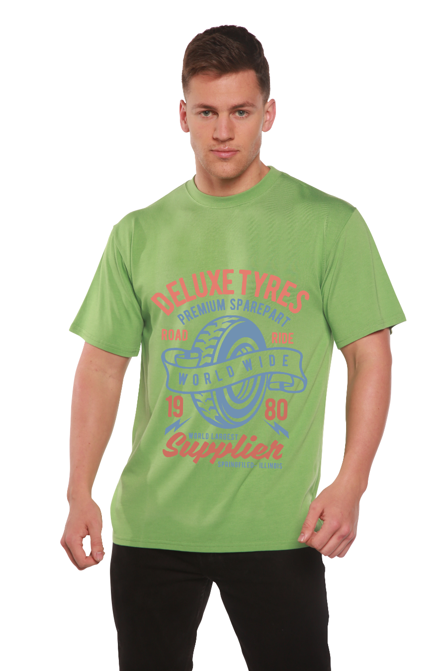 Deluxe Tyres men's bamboo T-shirt lime green with tire print by Spun Bamboo on Tampa Home & Garden Store
