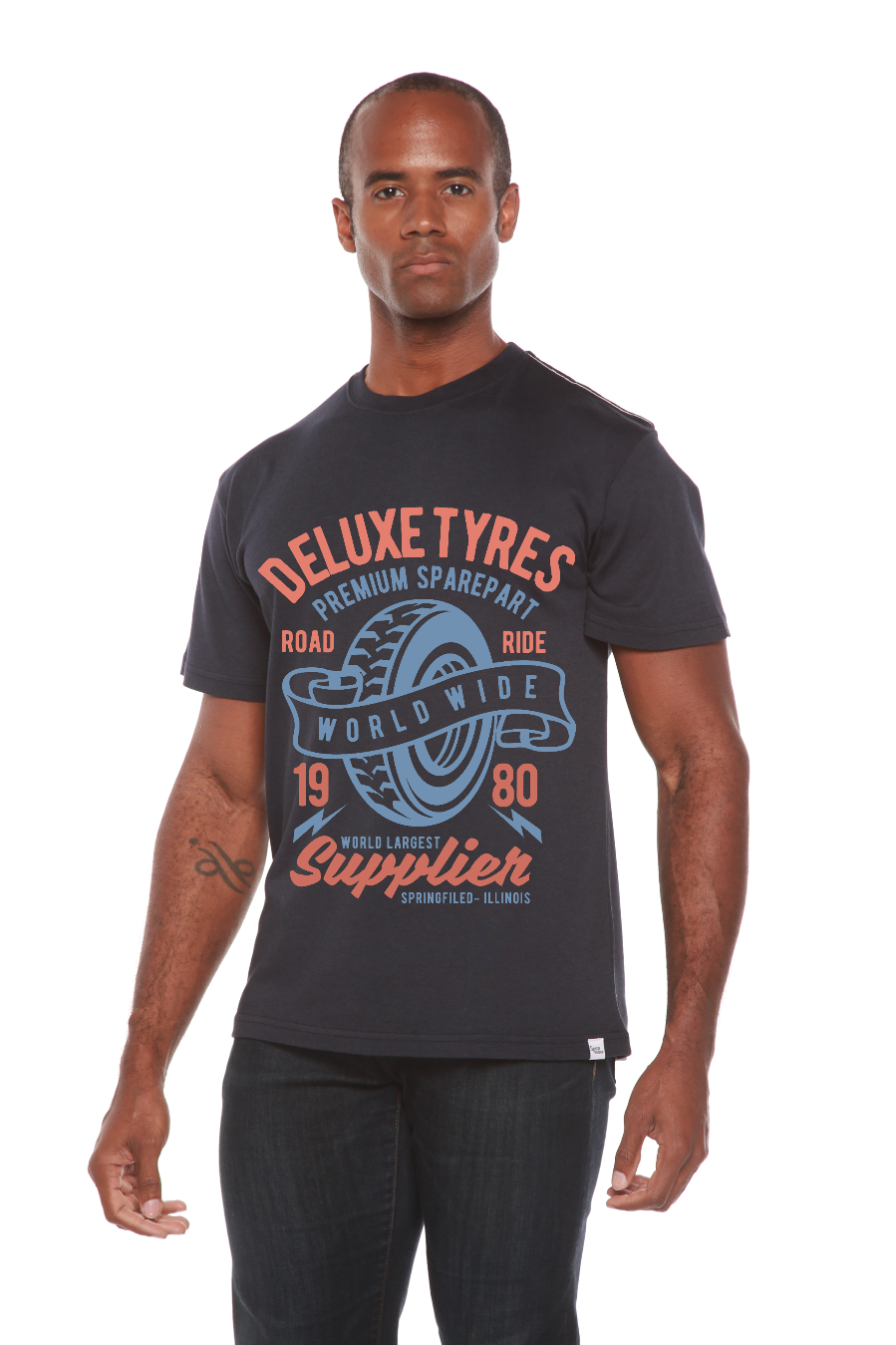Deluxe Tyres men's graphic navy T-shirt with tire print Spun Bamboo bamboo viscose/organic cotton on Tampa Home & Garden Store