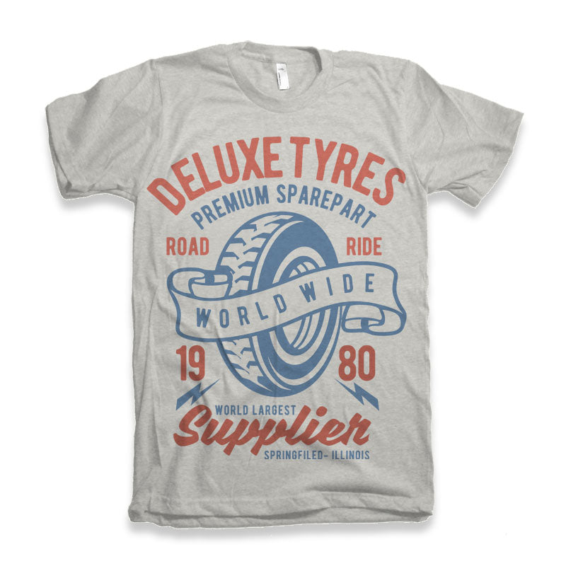Deluxe Tyres men's graphic t-shirt in heather gray with blue tire graphic and red text on Tampa Home & Garden Store