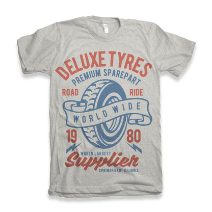 Deluxe Tyres men's graphic t-shirt in heather gray with blue tire graphic and red text on Tampa Home & Garden Store