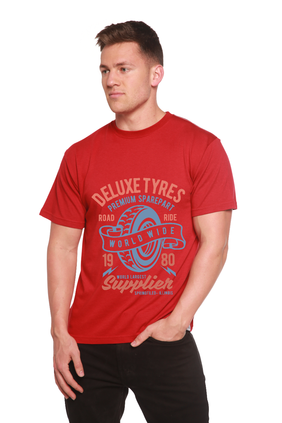 Deluxe Tyres Bamboo viscose/cotton short sleeve graphic tee red with tire print by Spun Bamboo on Tampa Home & Garden Store
