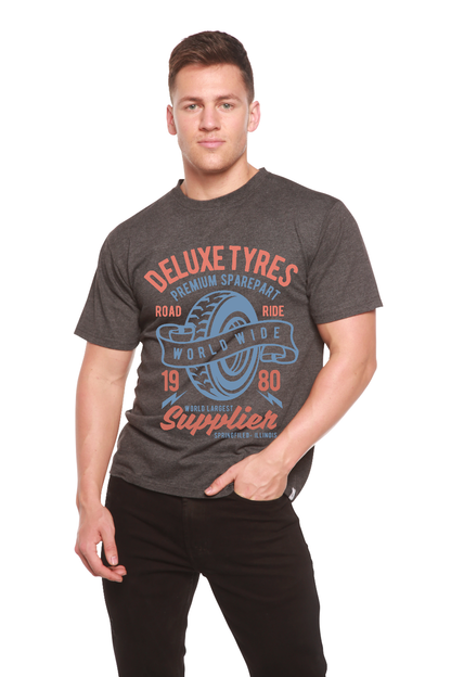 Deluxe Tyres men's bamboo viscose short sleeve graphic T-shirt with blue tyre print Spun Bamboo on Tampa Home & Garden Store