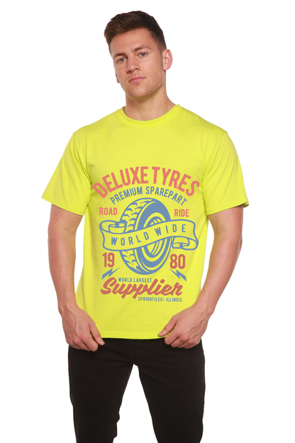 Deluxe Tyres men's graphic T-shirt in neon yellow with blue tire print by Spun Bamboo on Tampa Home & Garden Store