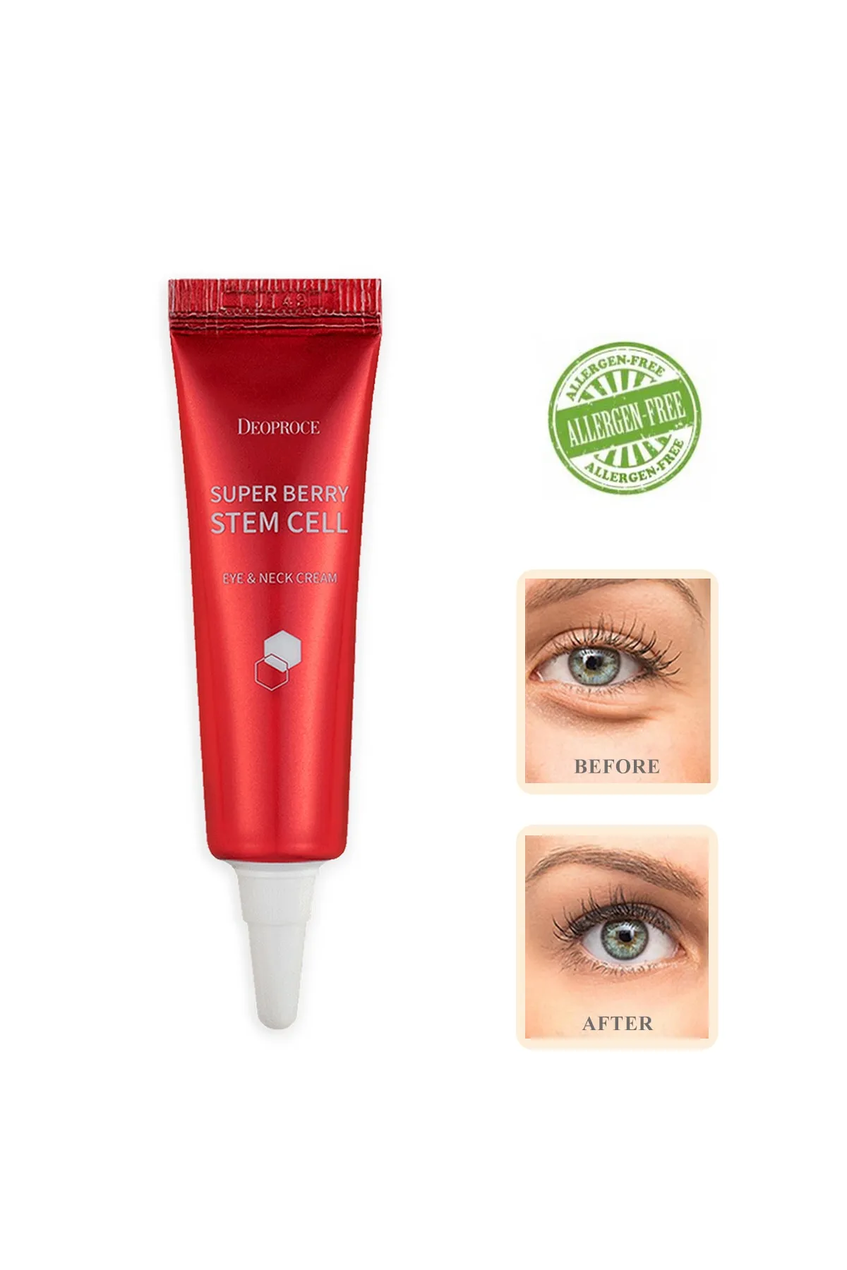 Deoproce Super Berry Stem Cell Eye & Neck Cream tube in red, 10ml, allergen-free badge on Tampa Home & Garden Store