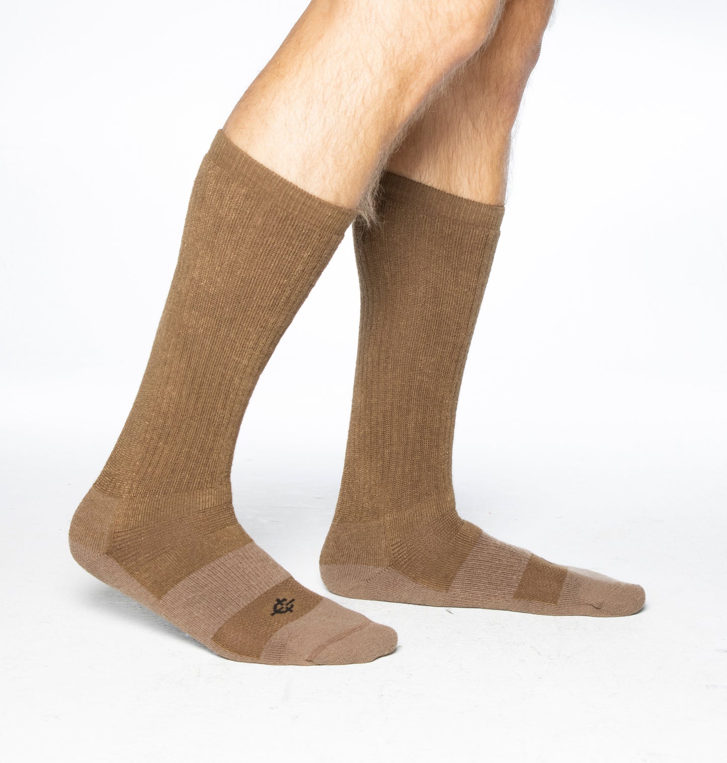 Desert Sock military crew socks in tan brown with Covert Threads logo worn on legs on Tampa Home & Garden Store