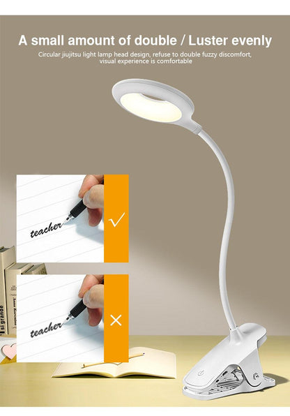 Stevvex desk lamp with clip-on gooseneck, USB rechargeable white bedside study light on Tampa Home & Garden Store